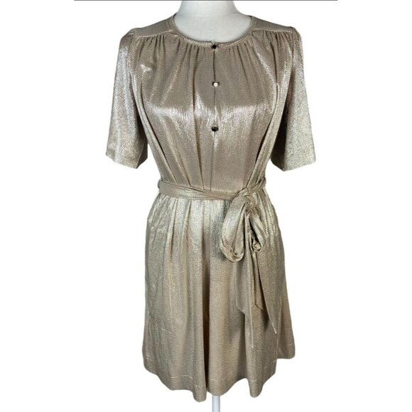 Sabina Musayev Gold Metallic Shimmer Foil O/S Belted Button-up Dress, M, NWOT - Picture 1 of 12